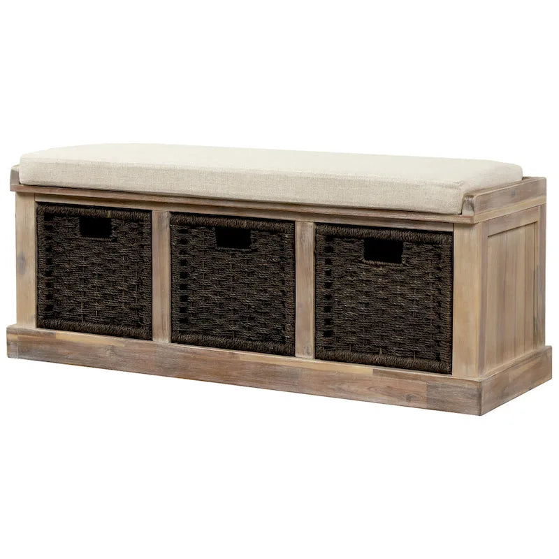 Rustic Storage Bench with 3 Removable Classic Rattan Basket