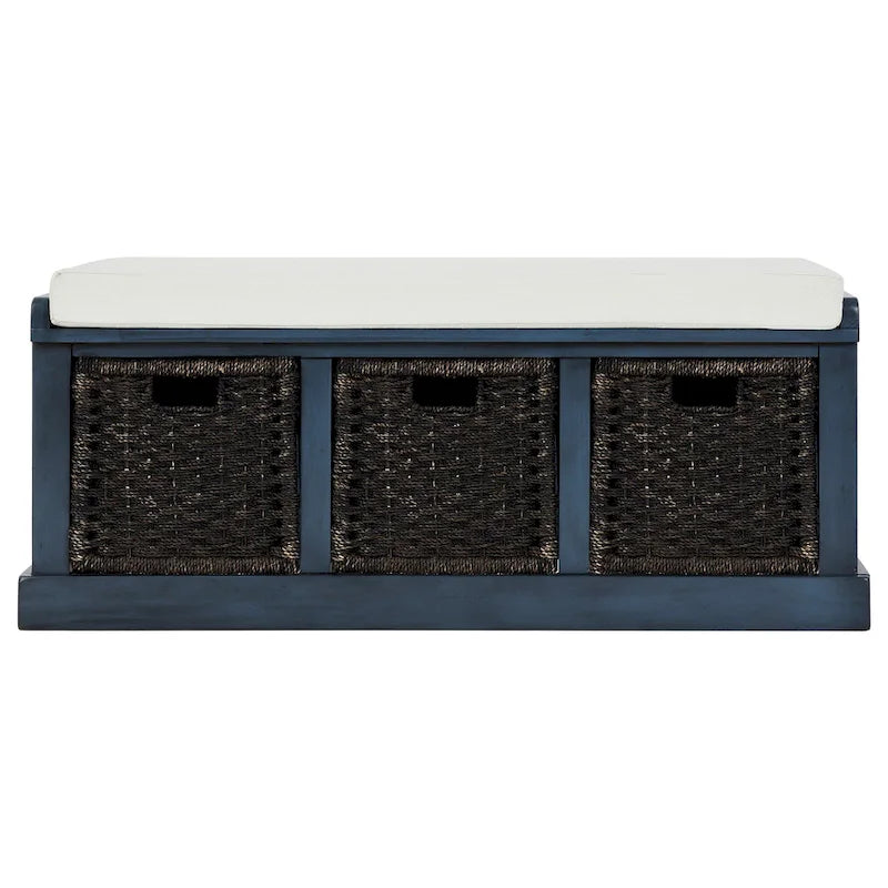 Rustic Storage Bench with 3 Removable Classic Rattan Basket