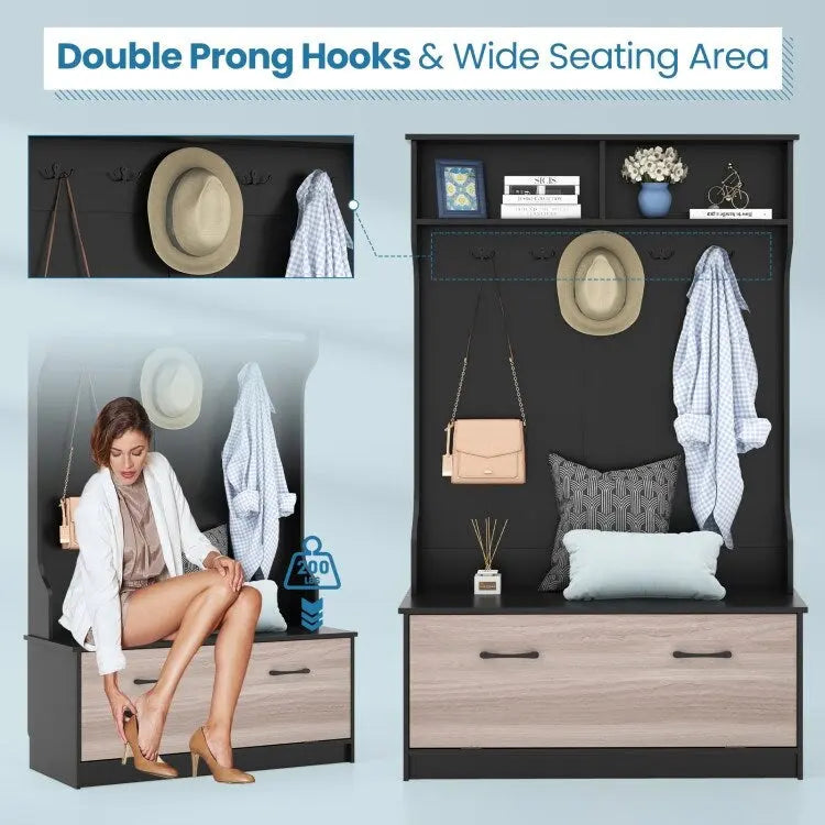 3 in 1 Coat Rack with Entryway Bench and Hooks and Enclosed Cabinet - 39.5 x 16 x 63