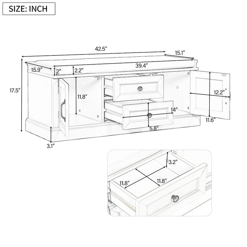 Storage Bench with 2 Drawers and 2 Cabinets