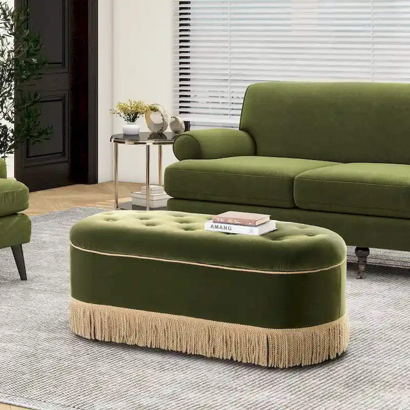 Melinda 48.5 Upholstered Tufted Oval Storage Bench with Bullion Fringe
