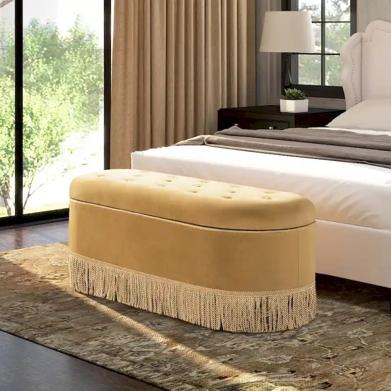 Melinda 48.5 Upholstered Tufted Oval Storage Bench with Bullion Fringe