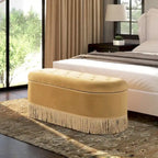 Melinda 48.5 Upholstered Tufted Oval Storage Bench with Bullion Fringe