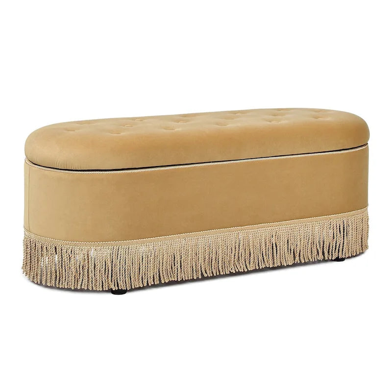 Melinda 48.5 Upholstered Tufted Oval Storage Bench with Bullion Fringe