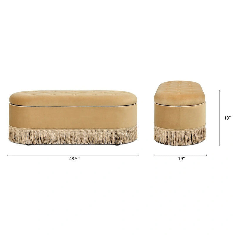 Melinda 48.5 Upholstered Tufted Oval Storage Bench with Bullion Fringe