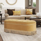 Melinda 48.5 Upholstered Tufted Oval Storage Bench with Bullion Fringe