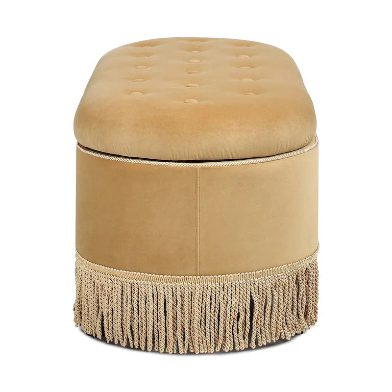 Melinda 48.5 Upholstered Tufted Oval Storage Bench with Bullion Fringe