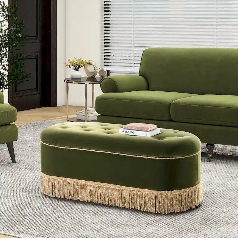 Melinda 48.5 Upholstered Tufted Oval Storage Bench with Bullion Fringe