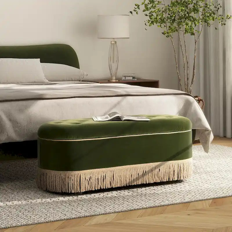 Melinda 48.5 Upholstered Tufted Oval Storage Bench with Bullion Fringe