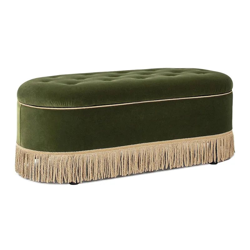 Melinda 48.5 Upholstered Tufted Oval Storage Bench with Bullion Fringe