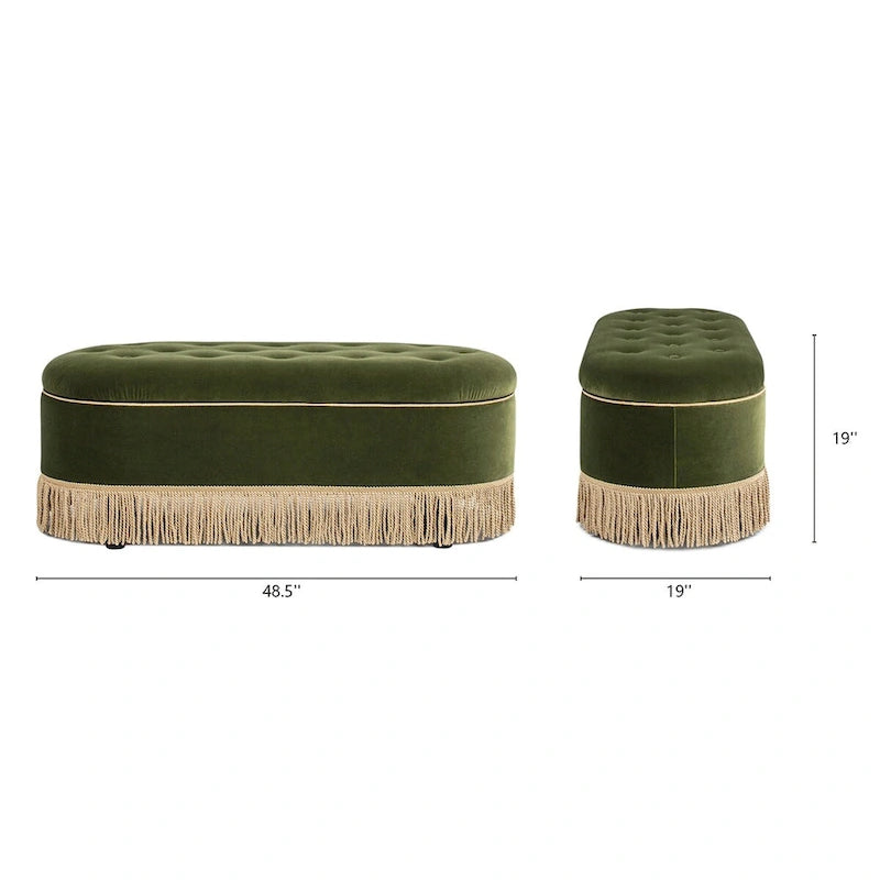 Melinda 48.5 Upholstered Tufted Oval Storage Bench with Bullion Fringe