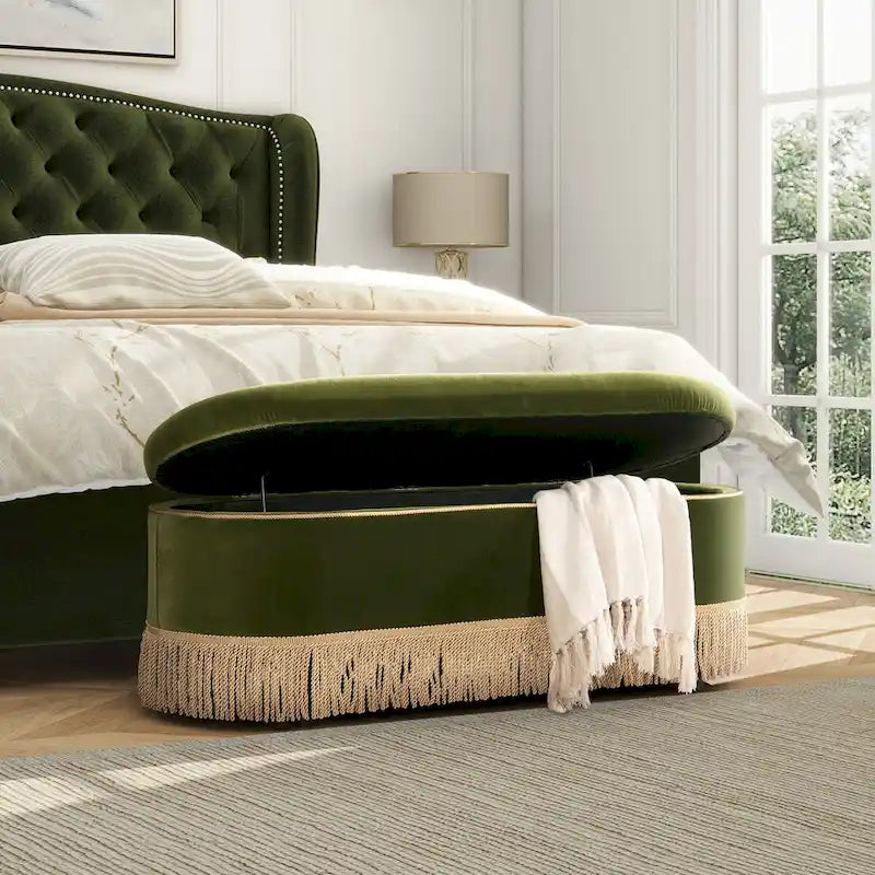 Melinda 48.5 Upholstered Tufted Oval Storage Bench with Bullion Fringe