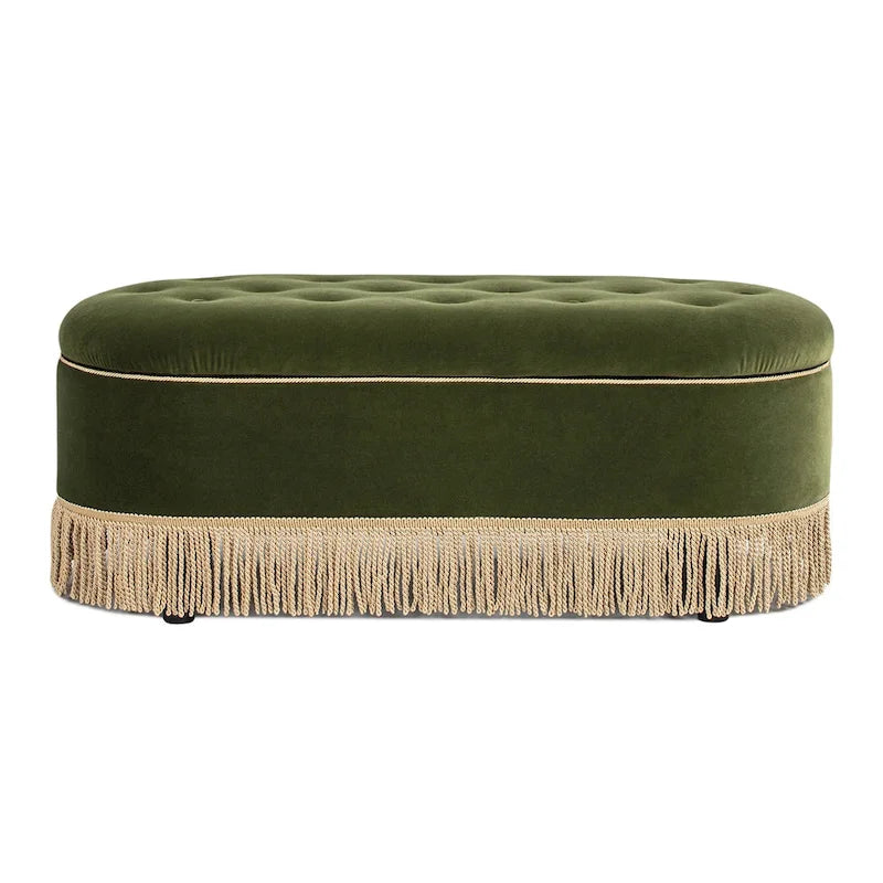 Melinda 48.5 Upholstered Tufted Oval Storage Bench with Bullion Fringe