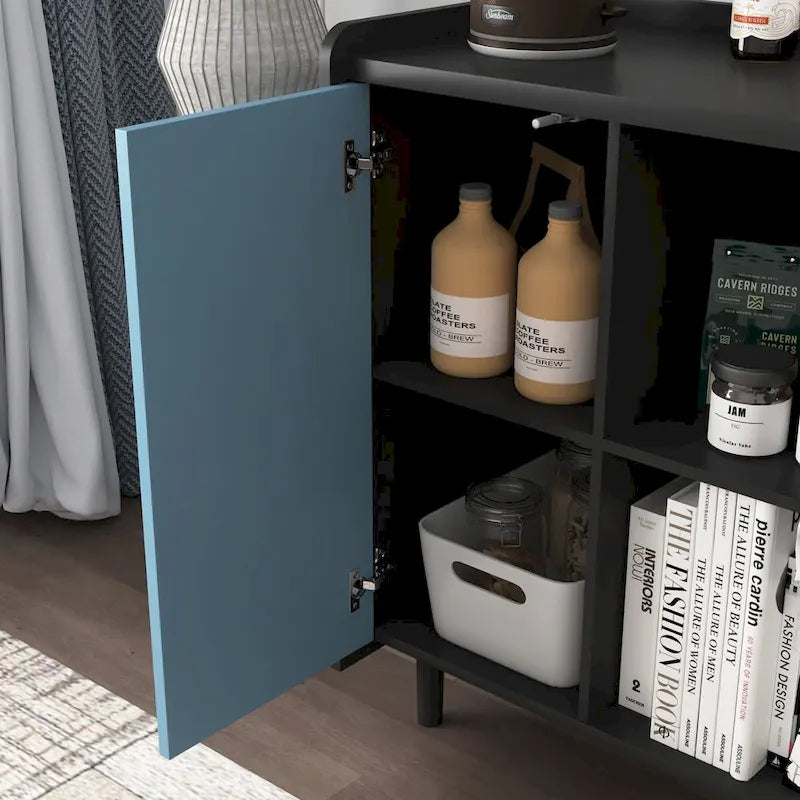 Sideboard Buffet Cabinet, Storage Cabinet with Red Doors, 2 Drawers with unique panel styling and 2 Open Storage Compartment