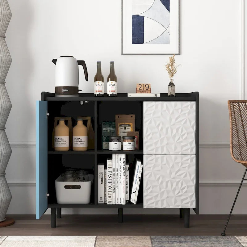 Sideboard Buffet Cabinet, Storage Cabinet with Red Doors, 2 Drawers with unique panel styling and 2 Open Storage Compartment