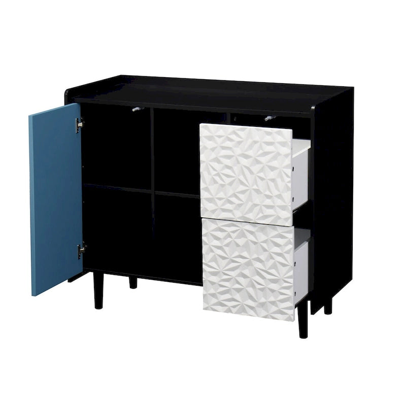 Sideboard Buffet Cabinet, Storage Cabinet with Red Doors, 2 Drawers with unique panel styling and 2 Open Storage Compartment