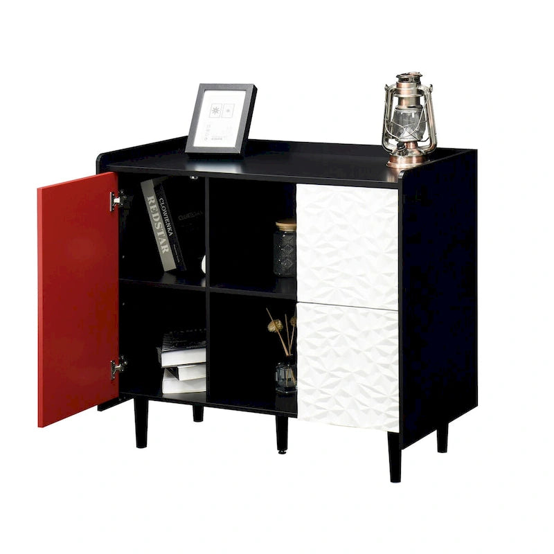 Sideboard Buffet Cabinet, Storage Cabinet with Red Doors, 2 Drawers with unique panel styling and 2 Open Storage Compartment
